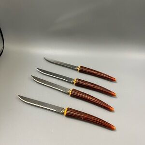 4 New Old Stock vtg Forgecraft USA Stainless Steak Knives Fake Antler Handles